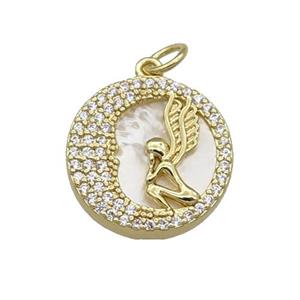 copper circle pendant pave zircon shell Angel gold plated, approx 16mm dia [FN30542]
