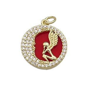 copper circle pendant pave zircon red stone Angel gold plated, approx 16mm dia [FN30544]