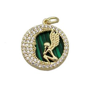 copper circle pendant pave zircon malachite Angel gold plated, approx 16mm dia [FN30546]