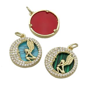 mix copper circle pendant pave zircon gemstone Angel gold plated, approx 16mm dia [FN30547]