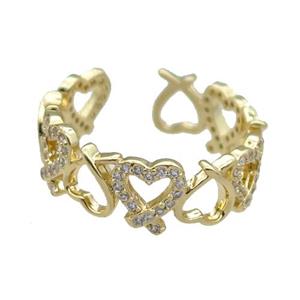 copper Ring pave zircon Heart gold plated, approx 8mm, 18mm dia [FN30570]