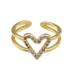 copper Ring pave zircon Heart gold plated, approx 10-11mm, 18mm dia [FN30584]