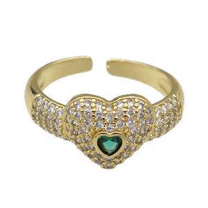 copper Ring pave zircon Heart gold plated, approx 10mm, 18mm dia [FN30586]