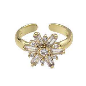 copper Ring pave zircon Flower gold plated, approx 12mm, 18mm dia [FN30595]