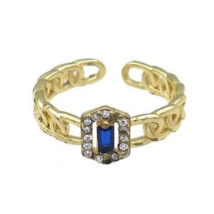 copper Ring pave blue zircon gold plated, approx 8mm, 18mm dia [FN30599]