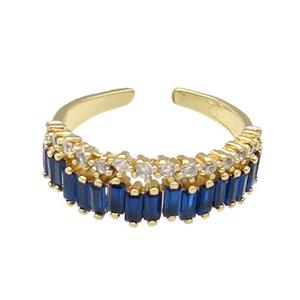 copper Ring pave blue zircon gold plated, approx 7mm, 18mm dia [FN30603]
