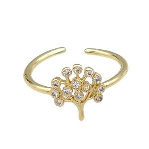 copper Ring pave zircon Tree gold plated, approx 10mm, 18mm dia [FN30607]