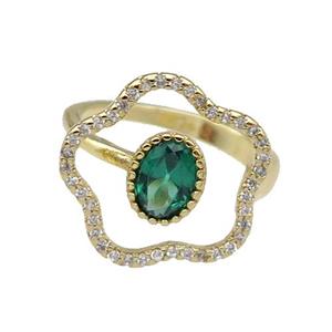 copper Ring pave zircon green Flower gold plated, approx 17mm, 18mm dia [FN30614]