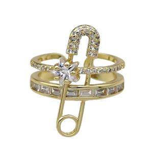 copper Ring pave zircon gold plated, approx 10-25mm, 18mm dia [FN30615]