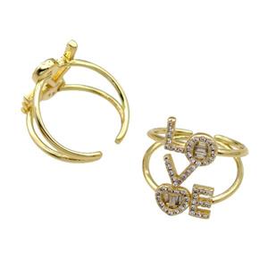 copper Ring pave zircon LOVE gold plated, approx 10-20mm, 18mm dia [FN30618]