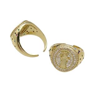 copper Ring pave zircon Jesus gold plated, approx 17mm, 18mm dia [FN30623]