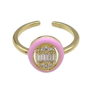 copper Ring pave zircon pink enamel oval gold plated, approx 10-12mm, 18mm dia [FN30641]