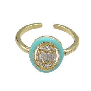copper Ring pave zircon green enamel oval gold plated, approx 10-12mm, 18mm dia [FN30642]
