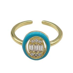 copper Ring pave zircon teal enamel oval gold plated, approx 10-12mm, 18mm dia [FN30643]