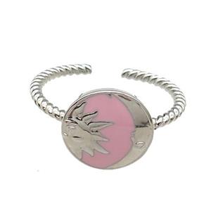 copper Moon Ring with pink enamel sun platinum plated, approx 10mm, 18mm dia [FN30676]