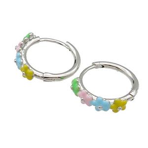 copper Hoop Earrings flower multicolor enamel platinum plated, approx 16mm dia [FN30684]