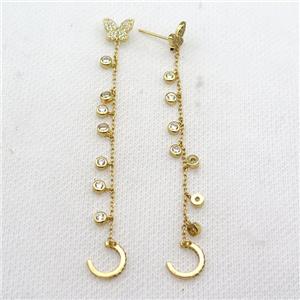copper Stud Earring pave zircon butterfly gold plated, approx 10mm, 10mm, 3.8mm, 65mm length [FN30694]