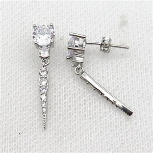 copper Stud Earring pave zircon platinum plated, approx 6mm, 18mm [FN30695]