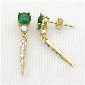 copper Stud Earring pave zircon gold plated, approx 6mm, 18mm [FN30698]