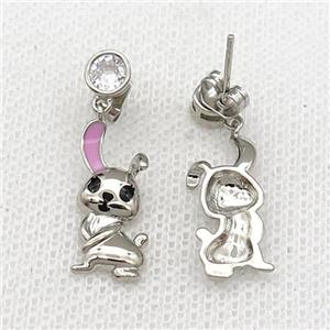 copper Rabbit Stud Earring pink enamel platinum plated, approx 5mm, 8-18mm [FN30701]