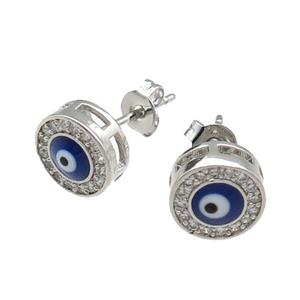 copper Evil Eye Stud Earring pave zircon blue enamel platinum plated, approx 8.5mm [FN30707]