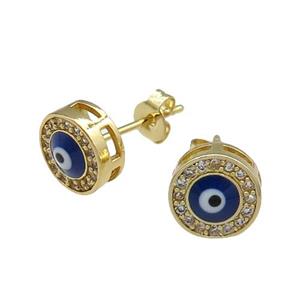 copper Evil Eye Stud Earring pave zircon blue enamel gold plated, approx 8.5mm [FN30708]
