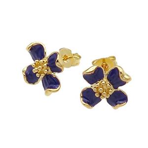 copper Flower Stud Earring with royalblue enamel gold plated, approx 12mm [FN30710]