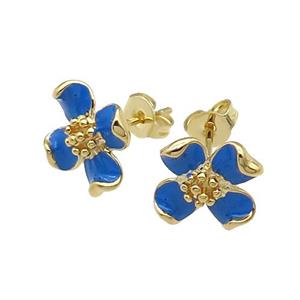 copper Flower Stud Earring with blue enamel gold plated, approx 12mm [FN30711]