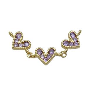 Copper Heart Link Pendant Pave Purple Zircon Gold plated, approx 8-9mm, 35mm [FN30732]