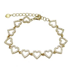 Copper Heart Bracelet Pave Zircon Gold Plated, approx 9.5mm, 15-21cm length [FN30736]