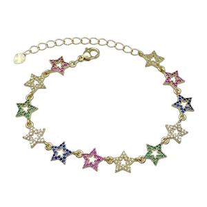 Copper Star Bracelet Pave Multicolor Zircon Gold Plated, approx 10mm, 16-21cm length [FN30741]