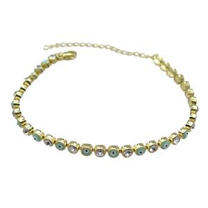 Copper Green Enamel Evil Eye Bracelet Pave Zircon Gold Plated, approx 4.5mm, 16-21cm length [FN30781]