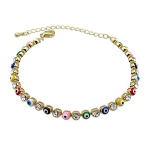 Copper Multicolor Enamel Evil Eye Bracelet Pave Zircon Gold Plated, approx 4.5mm, 16-21cm length [FN30786]