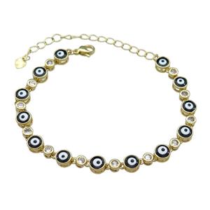 Copper Black Enamel Evil Eye Bracelet Pave Zircon Gold Plated, approx 6.5mm, 17-24cm length [FN30788]