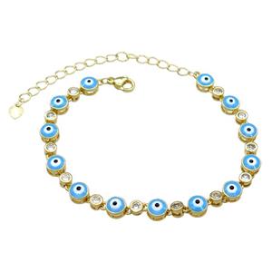 Copper Blue Enamel Evil Eye Bracelet Pave Zircon Gold Plated, approx 6.5mm, 17-24cm length [FN30789]