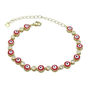 Copper Red Enamel Evil Eye Bracelet Pave Zircon Gold Plated, approx 6.5mm, 17-24cm length [FN30791]