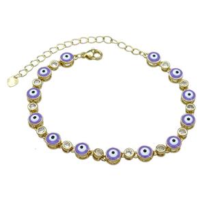 Copper Lavender Enamel Evil Eye Bracelet Pave Zircon Gold Plated, approx 6.5mm, 17-24cm length [FN30792]