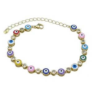 Copper Multicolor Enamel Evil Eye Bracelet Pave Zircon Gold Plated, approx 6.5mm, 17-24cm length [FN30793]