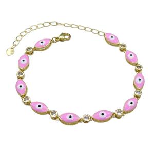 Copper Pink Enamel Evil Eye Bracelet Pave Zircon Gold Plated, approx 6.5-12mm, 18-25cm length [FN30796]