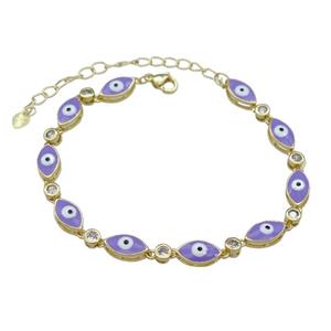 Copper Lavender Enamel Evil Eye Bracelet Pave Zircon Gold Plated, approx 6.5-12mm, 18-25cm length [FN30797]