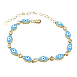 Copper Blue Enamel Evil Eye Bracelet Pave Zircon Gold Plated, approx 6.5-12mm, 18-25cm length [FN30798]