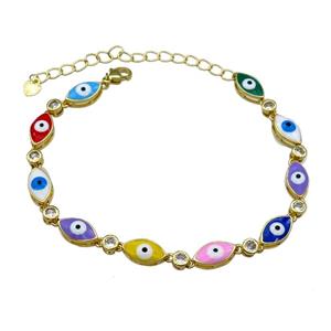 Copper Multicolor Enamel Evil Eye Bracelet Pave Zircon Gold Plated, approx 6.5-12mm, 18-25cm length [FN30800]