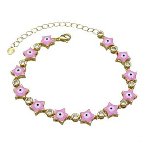 Copper Star Pink Enamel Evil Eye Bracelet Pave Zircon Gold Plated, approx 9.5mm, 18-25cm length [FN30803]