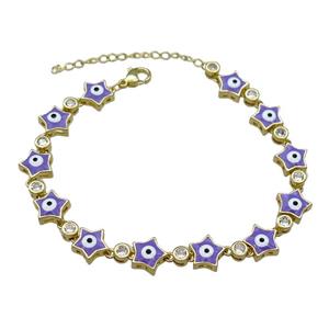 Copper Star Lavender Enamel Evil Eye Bracelet Pave Zircon Gold Plated, approx 9.5mm, 18-25cm length [FN30804]