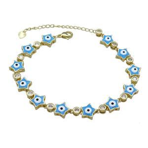 Copper Star Blue Enamel Evil Eye Bracelet Pave Zircon Gold Plated, approx 9.5mm, 18-25cm length [FN30805]