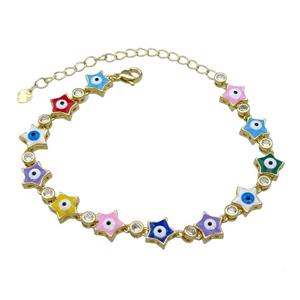 Copper Star Evil Eye Bracelet Pave Zircon Multicolor Enamel Gold Plated, approx 9.5mm, 18-25cm length [FN30807]
