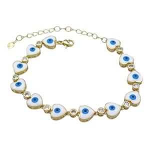 Copper Heart White Enamel Evil Eye Bracelet Pave Zircon Gold Plated, approx 9.5mm, 18-25cm length [FN30808]