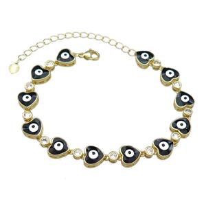 Copper Heart Black Enamel Evil Eye Bracelet Pave Zircon Gold Plated, approx 9.5mm, 18-25cm length [FN30809]