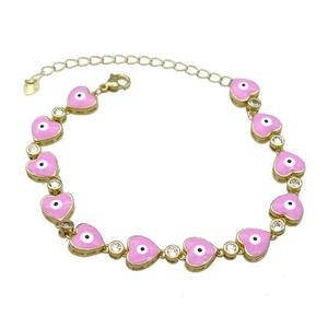 Copper Heart Pink Enamel Evil Eye Bracelet Pave Zircon Gold Plated, approx 9.5mm, 18-25cm length [FN30810]