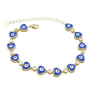 Copper Heart Blue Enamel Evil Eye Bracelet Pave Zircon Gold Plated, approx 9.5mm, 18-25cm length [FN30811]